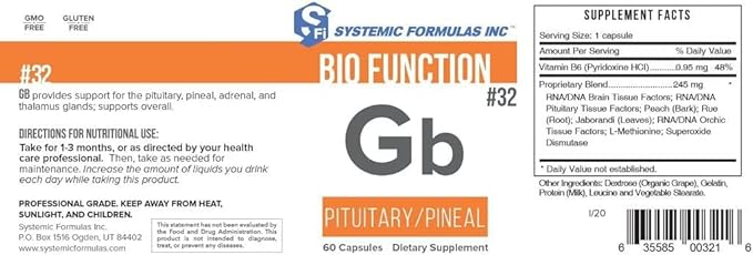 Systemic Formulas #32 Bio Function Gb Pituitary/Pineal 60 Capsules. Supports Mental Clarity and Focus and Normal circadian Rhythms.