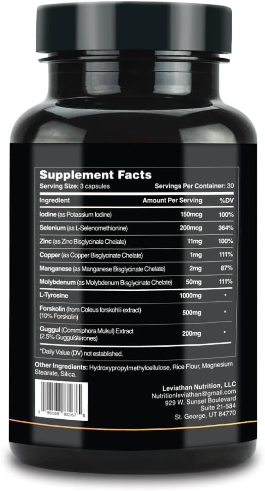 Leviathan Thyroid Support | Energy &amp Thyroid Health &amp Iodine Supplement Selenium Zinc Manganese Copper L Tyrosine Guggul Support for Women &amp Men