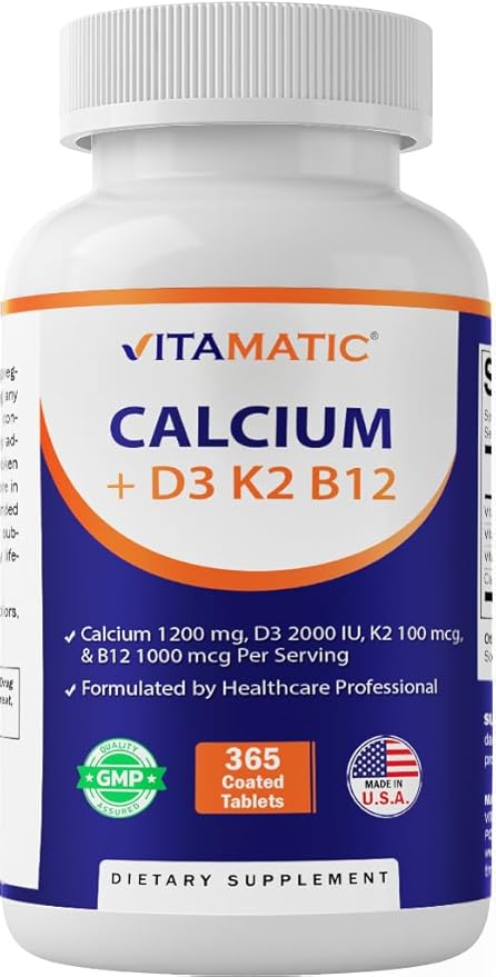 Vitamatic Calcium Supplement 1200mg with D3 K2 &amp B12 Immune &amp Bone Health Support - 365 Coated Tablets- 2 Pack
