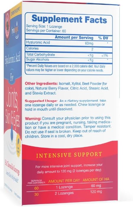 Hyalogic Hyaluronic Acid Chewable Lozenge - Chewable Tablets for Skin Care &amp Eyes – Vegan Sugar-Free and Berry Favored Hyaluronic Acid Supplements (60 Count)