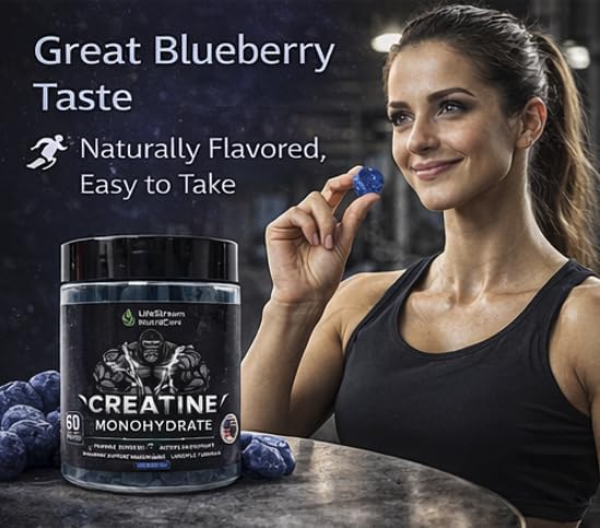 Strength &amp Performance Gummies – Creatine Monohydrate for Muscle Growth | Vegan Halal Non-GMO Blueberry Flavor (60 Ct)