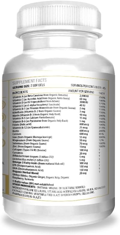 ACTIF Organic Multivitamin for Women Age 80+ with 20+ Advanced Factors and Omega-3 – Non GMO Made in USA 90 Count