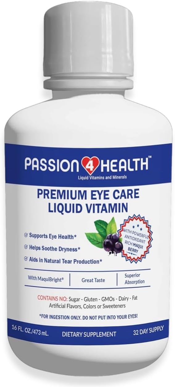 Passion 4 Health Liquid Eye Vitamins - Natural Vision &amp Adult Eye Care Supplement - Premium Support with Maqui Berry Extract Gluten-Free Non-GMO No Sugar - 30-Day Supply Made in USA
