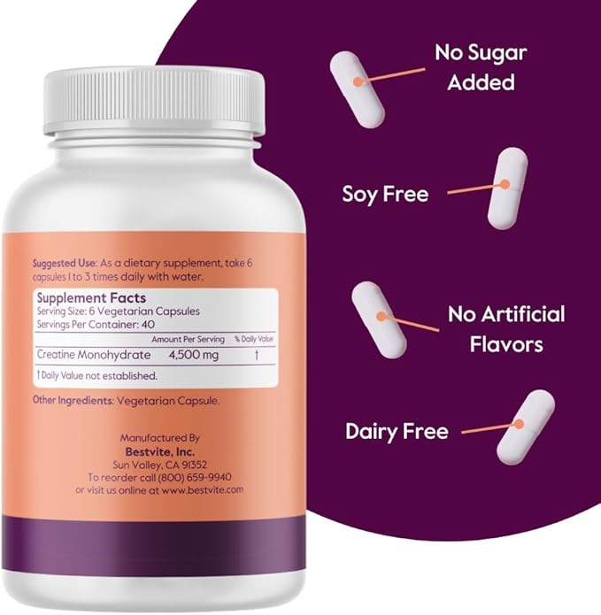 BESTVITE Creatine Monohydrate 750mg (240 Vegetarian Capsules) - Micronized - No Stearates - Vegan - Non GMO - No Gelatin - Gluten Free - Creatine Capsules