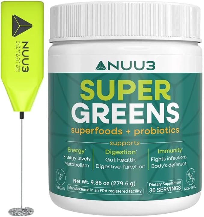 NUU3 Super Greens Superfoods + Probiotics - Immune Support Improved Energy &amp Gut Health Digestive Enzymes - Boosts Immunity - 30 Servings (Unflavored)