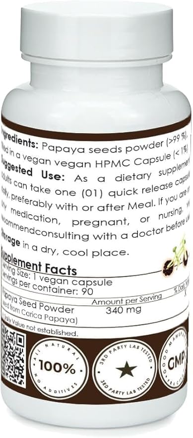 Papaya Seed Powder Capsules | High Papaya Enzyme (Papain) Content | Gluten &amp Lactose Free | Non-GMO | No Additives | Vegan | Nutritional Supplement | Quality Controlled (90 Capsules)