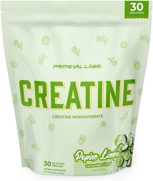 Primeval Labs Clean Creatine Monohydrate Powder | Flavored Powder for Muscle Strength &amp Recovery | Latin Aqua Fresca Flavors | Workout Supplement for Men &amp Women | 30 Servings | Pepino Limon
