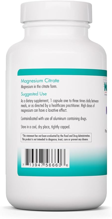 NutriCology Magnesium Citrate - Bioavailable Chelated Magnesium - Nervous System &amp Muscle Support - Vegetarian Capsules - Hypoallergenic Formula - 180 Servings - 180 Count
