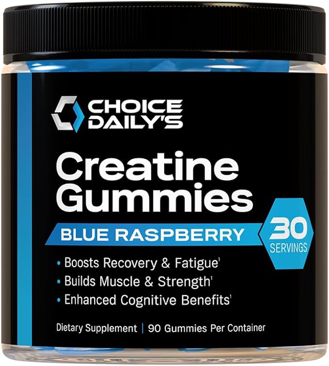 Creatine Gummies - 90 Vegan Friendly Chews - USA Made - Boosts Recovery - Builds Muscle - Enhanced Cognitive Benefits (Large Blue Raspberry)
