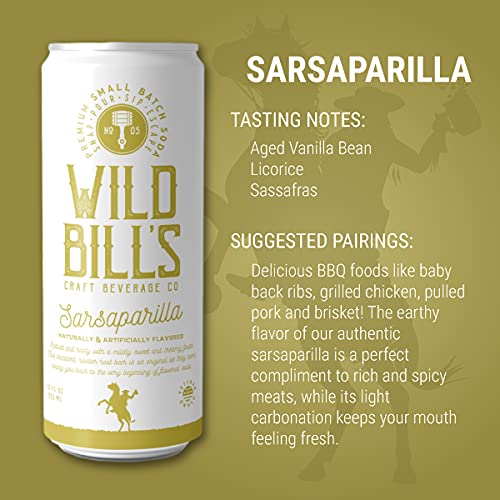 Wild Bill's Sarsaparilla Root Beer Soda Classic Craft Soda Pop Soft Drinks Sodas Made with Pure Cane Sugar Caffeine Free NO High Fructose Corn Syrup Gluten Free Vegan Low Sodium 12 Oz 12 Pack