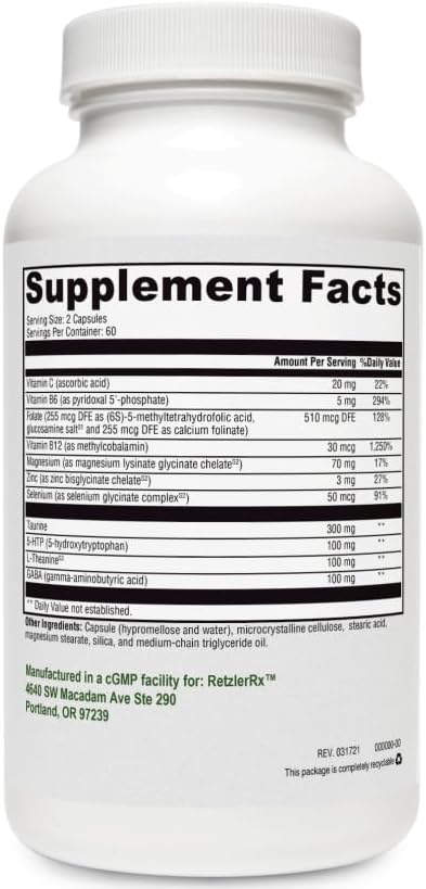 HormoneSynergy RetzlerRx® Brain Calm ES - Ultimate Support for Calmness &amp Relaxation - L-Theanine (Suntheanine®) - TRAACS® Albion® Chelated Minerals - GABA - 5-HTP - L-Taurine - 120 V-Caps