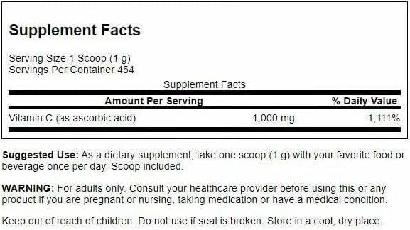 Swanson Vitamin C Powder 100% Pure Ascorbic Acid Immune System Support Skin Health Cardiovascular Health Antioxidant Supplement 1000 mg (per Serving) 1 lb. 454 g (3 Pack)