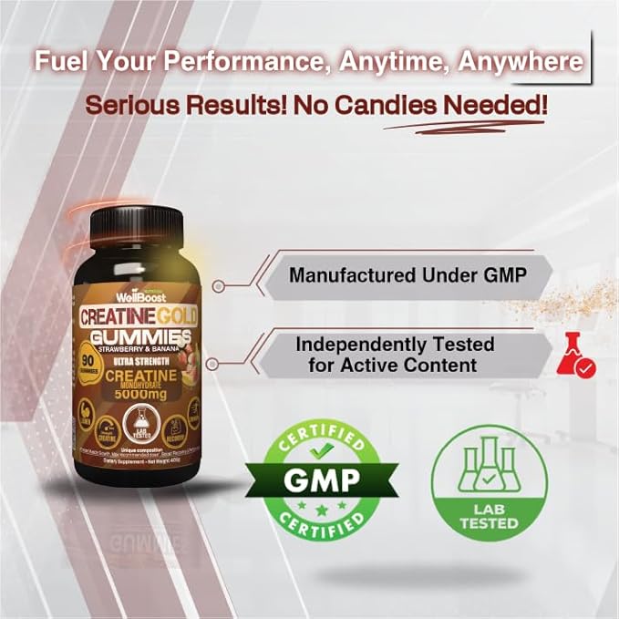 WellBoost Creatine Gold – 5000mg Creatine Monohydrate Vegan Sugar-Free Gummies for Lean Muscle Growth Endurance Recovery &amp Energy (1 Month Supply) in Starwberry and Banana Flavour.