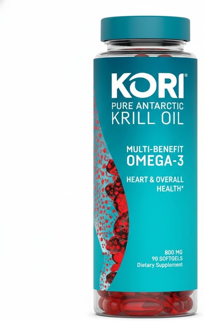Kori Krill Antarctic Krill Oil Omega 3 Supplement EPA &amp DHA Superior Absorption vs Fish-Oil 800 mg 90 softgels