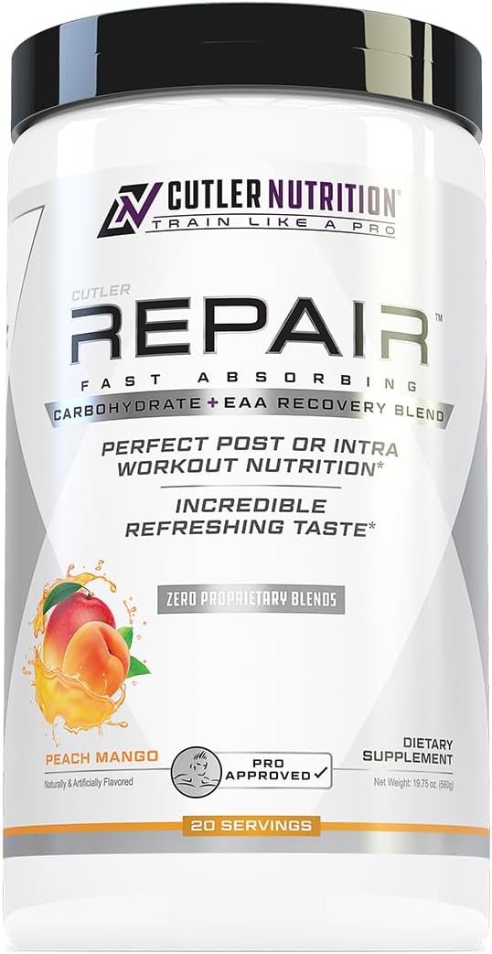 Repair Post Workout Recovery Drink: Fast Absorbing Carbohydrates (Waxy Maize + Cluster Dextrin) and BCAA/EAA for Advanced Muscle Recovery Peach Mango 20 Servings