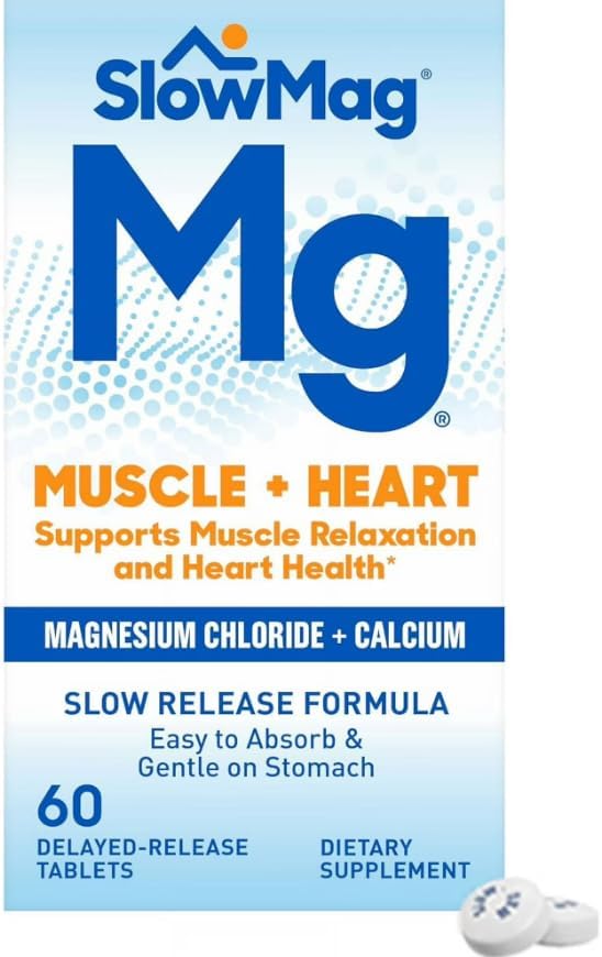 SlowMag Mg Muscle + Heart Supports Muscle Relaxation and Heart Health. Magnesium Chloride + Calcium Slow-Release Tablets Easy to Absorb and Gentle on the Stomach. 60 Count (Pack of 2)