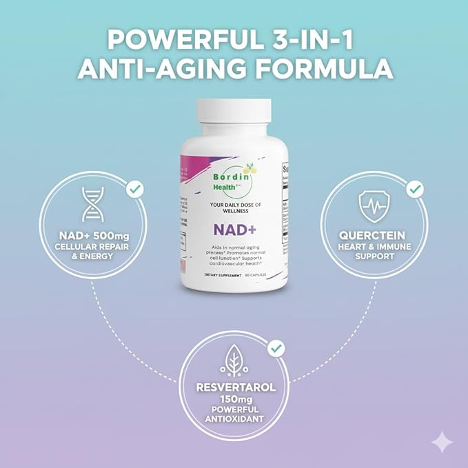 Bordin Health+ Premium NAD+ Cell Regeneration with Quercetin &amp Resveratrol 500mg | Advanced Anti-Aging &amp Vitality Supplement | Cellular Repair &amp Cardiovascular Support | 60 Vegan Capsules