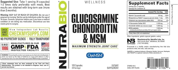 NutraBio Glucosamine Chondroitin &amp OptiMSM Supplement Joint Support Formula - 120 Capsules (120 Count)