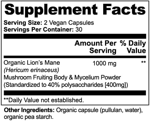 Premium Lion's Mane Mushroom | Vegan Capsules | 60 Count