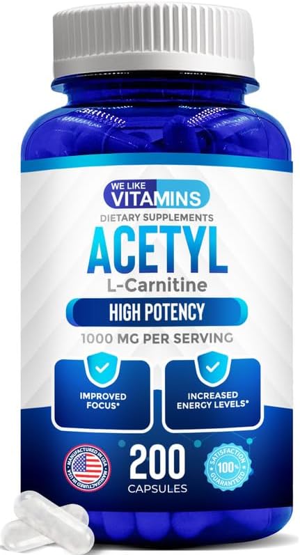 We Like Vitamins Acetyl L-Carnitine 1000mg Capsules - 200 Easy to Swallow Veggie Capsules - Acetyl l Carnitine Supplement Helps Support Focus Brain Function and Energy