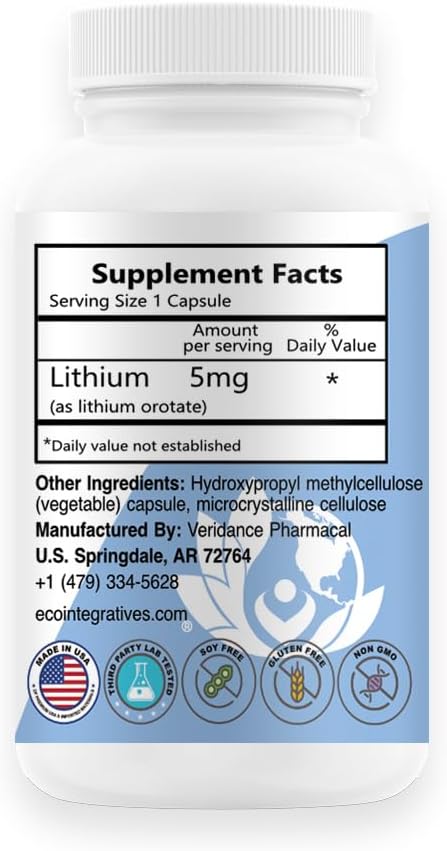 Lithium Oro 5mg Supports Healthy Mood Emotional Wellness Behavior and Memory. Bioavailable 100 Caps (Elemental Lithium Orotate) (5)