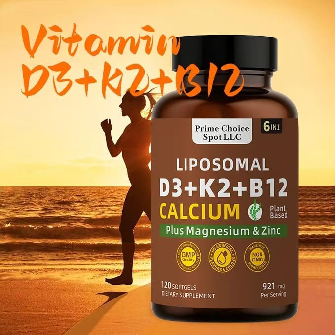 Vitamin D3 K2 B12 with Calcium Magnesium Zinc – 6-in-1 Bone &amp Muscle Support Complex | High Potency D3 5000 IU + K2 MK7 for Calcium Absorption Mobility &amp Energy | Non-GMO 120 Softgels