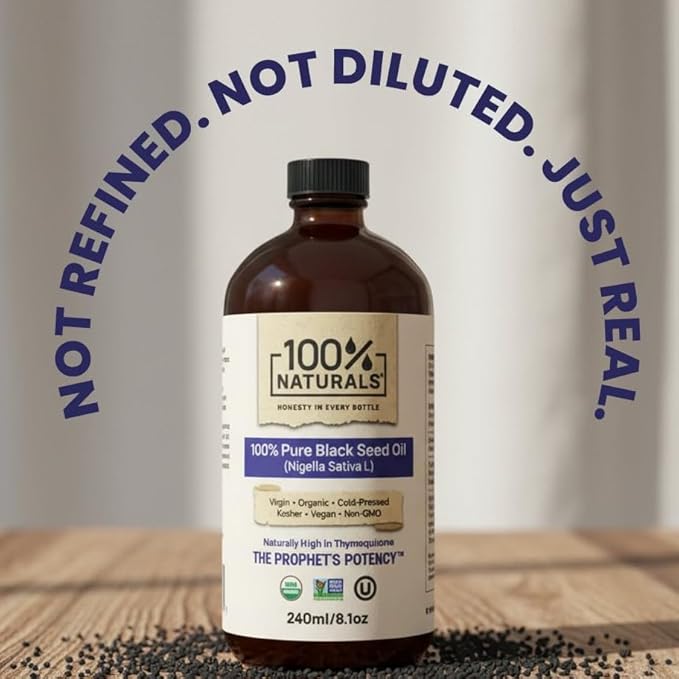 100% Naturals Pure Virgin Organic Black Seed Oil (8oz Glass Premium Bottle) - Cold-Pressed Nigella Sativa Oil with Natural Antioxidants High in Thymoquinone Chemical-Free Kosher Non-GMO