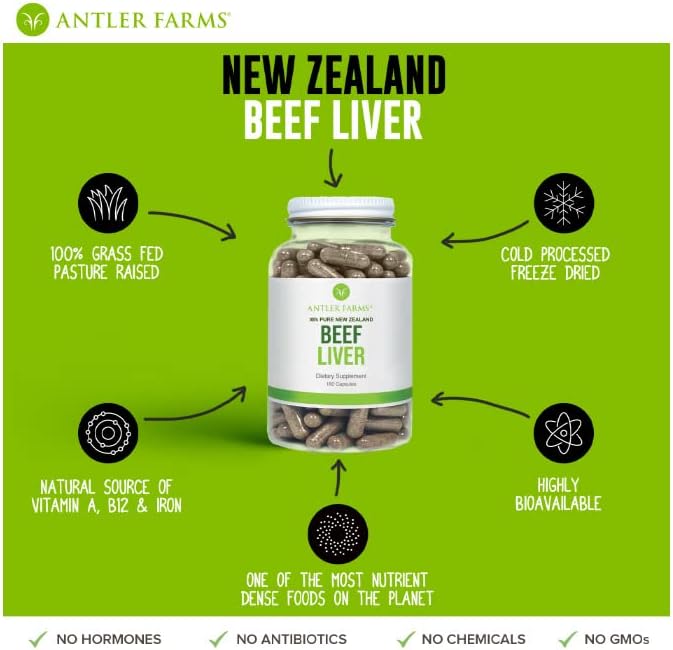 Antler Farms - 100% Pure New Zealand Beef Liver 180 Capsules 500mg - Grass Fed Cold Processed Supplement Pure and Clean rBGH Free No Fillers or Additives