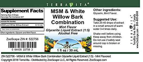 MSM &amp White Willow Bark Combination Glycerite Liquid Extract (1:5) - Mint Flavored (1 oz ZIN: 522756) - 3 Pack
