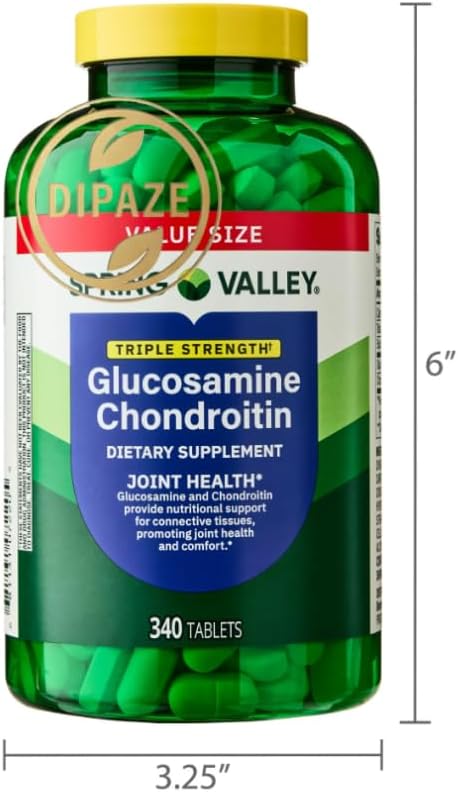 Spring Valley Glucosamine Chondroitin Dietary Supplement Tablets Triple Strength Formula 340 Count + Dipaze Gift (Container)