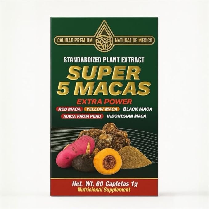 Super 5 Macas – Suplemento Natural Premium | Extra Power con Maca Roja Amarilla Negra del Perú e Indonesia | Energy Vitality &amp Hormonal Balance Support | 60 Capletas 1g