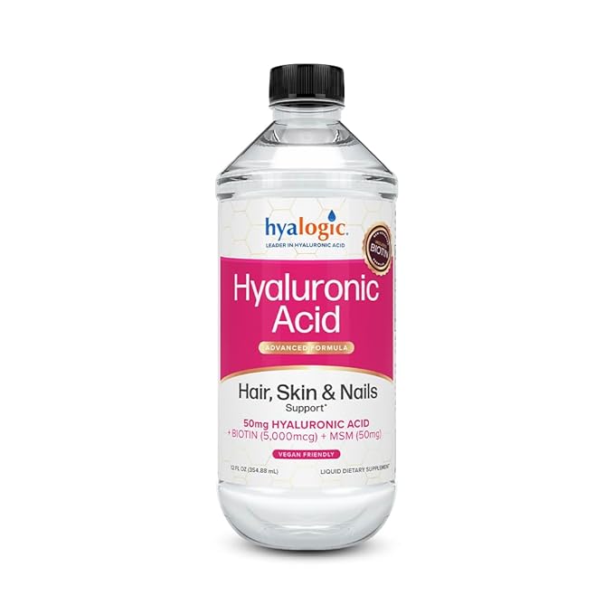 Hyalogic Liquid Hyaluronic Acid Supplement - Support for Healthy Hair Skin and Nails with 5000 mcg Biotin and 50mg MSM - Natural Hydration for the Whole Body - High Molecular Weight Formula - 12 oz