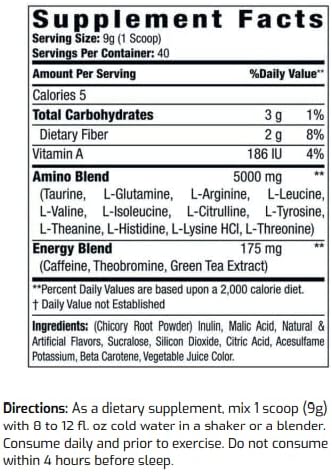 Amino+ Powder - Pre and Post Workout with Caffeine + Green Tea Extract - BCAA Amino Acids Zero Sugar Low Calorie Superior Taste 40 Servings (Peach Mango)