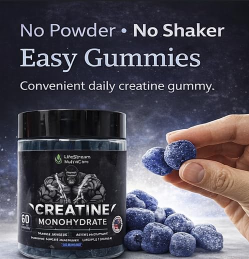 Strength &amp Performance Gummies – Creatine Monohydrate for Muscle Growth | Vegan Halal Non-GMO Blueberry Flavor (60 Ct)