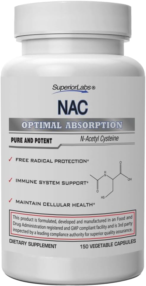 Superior Labs NAC (N-Acetyl Cysteine) 1200mg 150 Vegetable Capsules Dietary Supplement with Selenium Free Radical Protection Normal Immune System Function Maintains Cellular Health