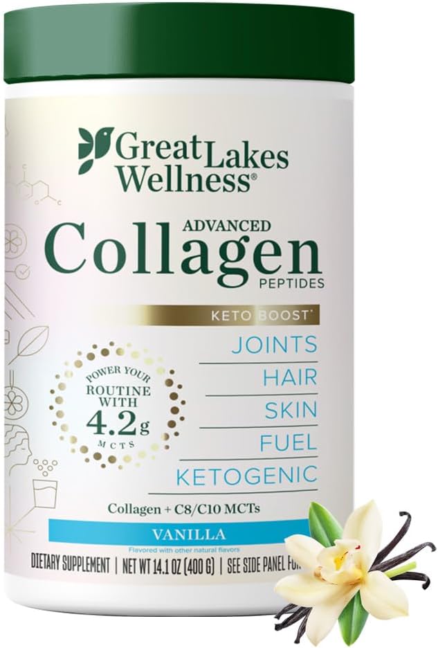 Great Lakes Wellness Keto Boost Advanced Collagen Peptides Powder with 4.2g MCTs - Vanilla Flavored - Nutritiously-Rich Non-Dairy Coffee Creamer or Smoothie Alt - Non-GMO Kosher - 14.1 oz