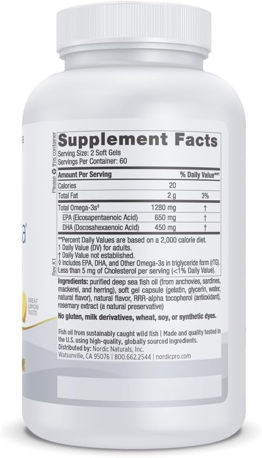Nordic Naturals ProOmega Lemon Flavor - 120 Soft Gels - 1280 mg Omega-3 - High Potency Fish Oil with EPA &amp DHA - Promotes Brain Eye Heart &amp Immune Health - Non-GMO - 60 Servings