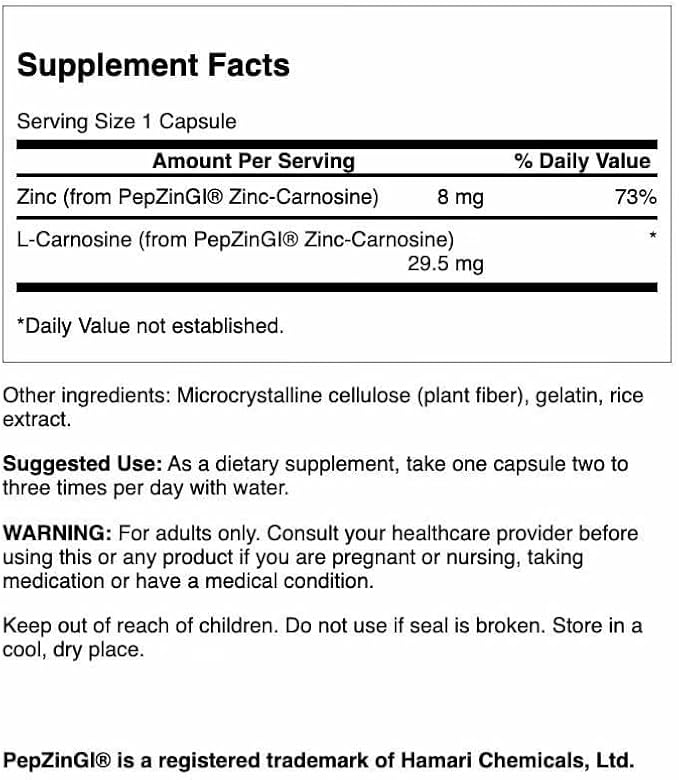 Swanson Zinc Carnosine (PepZin GI) - Natural Supplement Promoting Gastric Health &amp Digestive Support - Supports Microbial Balance in The Stomach - (60 Capsules) (2 Pack)