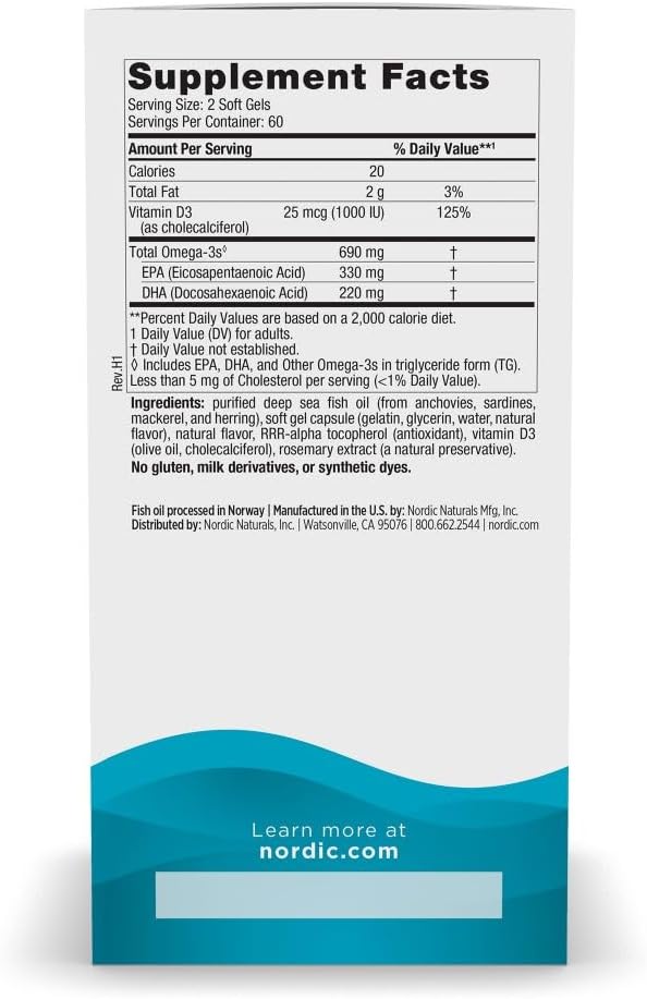 Nordic Naturals Omega-3D Lemon Flavor - 120 Soft Gels - 690 mg Omega-3 + 1000 IU Vitamin D3 - Fish Oil - EPA &amp DHA - Immune Support Brain &amp Heart Health Healthy Bones - Non-GMO - 60 Serving