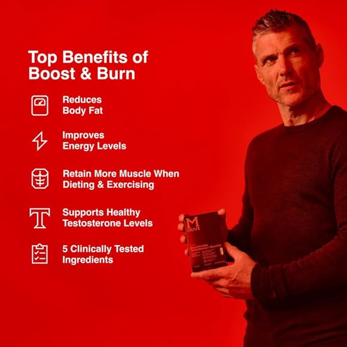 Mdrive Boost and Burn Testosterone Booster and Fat Burner for Men Energy Strength Stress Relief KSM-66 Ashwagandha Advantra Z Chromax 30 Capsules
