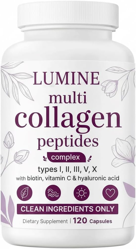 LUMINE Multi Collagen Complex Capsules – Hydrolyzed Protein Peptides Types I II III V &amp X for Hair Skin Nails &amp Joint Support – Non-GMO Gluten-Free &amp Easy to Swallow (120 Capsules)