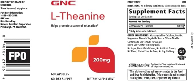 GNC L-Theanine 200mg Promotes Relaxation 60 Capsules