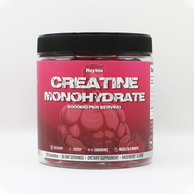 Neybio Creatine Monohydrate Gummies - 5000mg Creatine Raspberry Flavor 120 Count - Vegan Sugar-Free Boosts Performance &amp Recovery