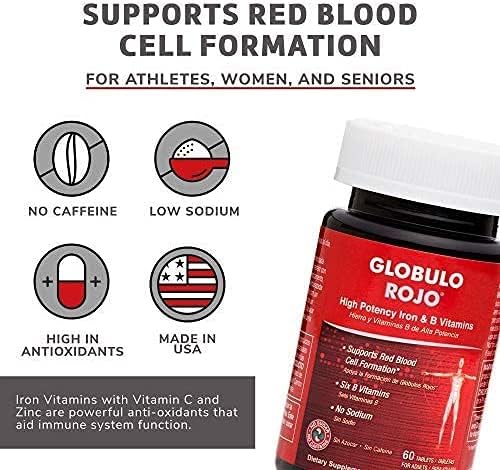 Globulo Rojo Iron Supplement - Dietary Supplement Pills with High Potency Iron &amp B Vitamins 60 Tablets - 6 Pack