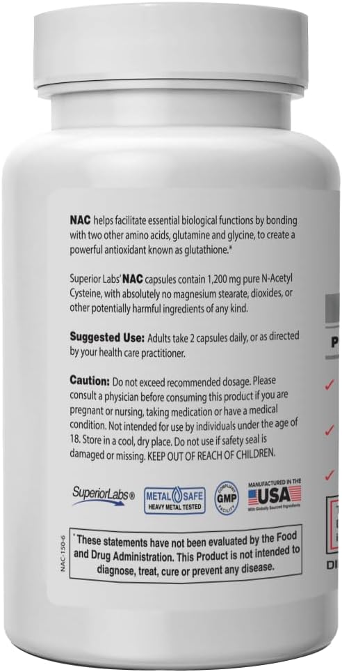 Superior Labs NAC (N-Acetyl Cysteine) 1200mg 150 Vegetable Capsules Dietary Supplement with Selenium Free Radical Protection Normal Immune System Function Maintains Cellular Health
