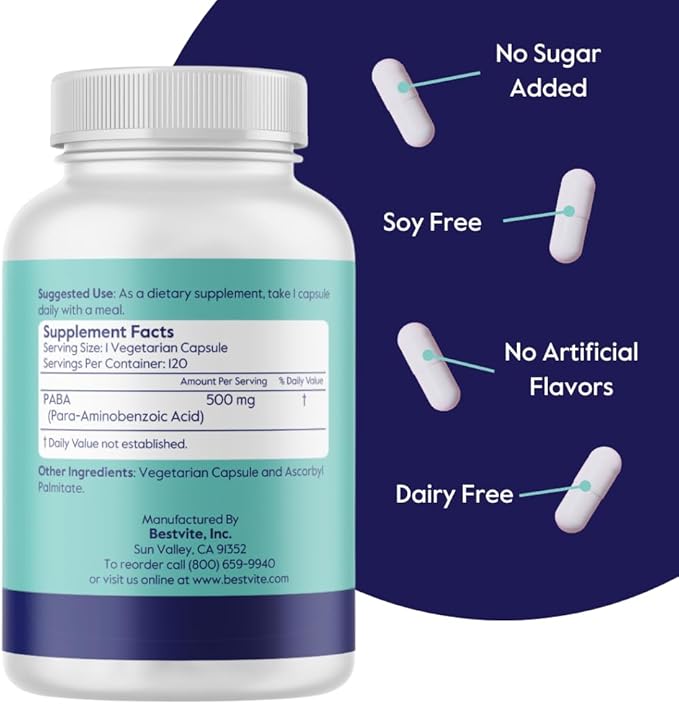 BESTVITE PABA 500mg (240 Vegetarian Capsules) (120 x 2) (para-Aminobenzoic Acid) - No Stearates - Vegan - Non GMO - Gluten Free