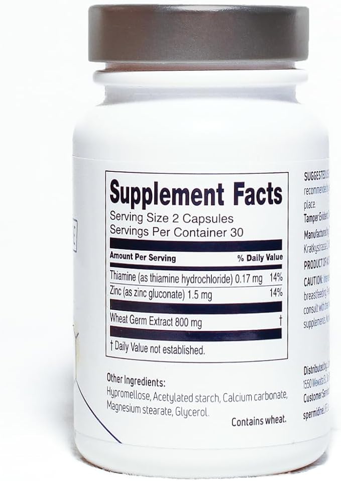 LONGEVITY LABS + spermidineLIFE Natural Supplement Non-Synthetic Plant-Based Wheat Germ Extract with High Spermidine &amp Zinc for Cell Renewal Vegan for Women &amp Men 60 Capsules