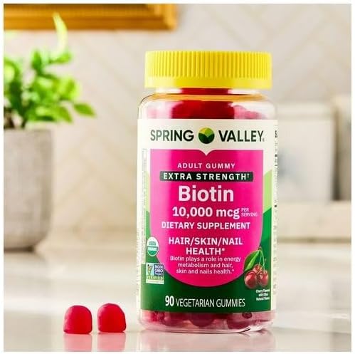 H4U Spring Valley Organic Extra Strength Biotin Vegetarian Gummies for Hair/Skin/Nail Health Cherry 10000 mcg 90 Count