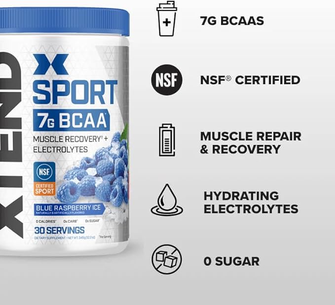 XTEND Sport BCAA Powder Blue Raspberry Ice - Electrolyte Powder for Recovery &amp Hydration with Amino Acids - 30 Servings