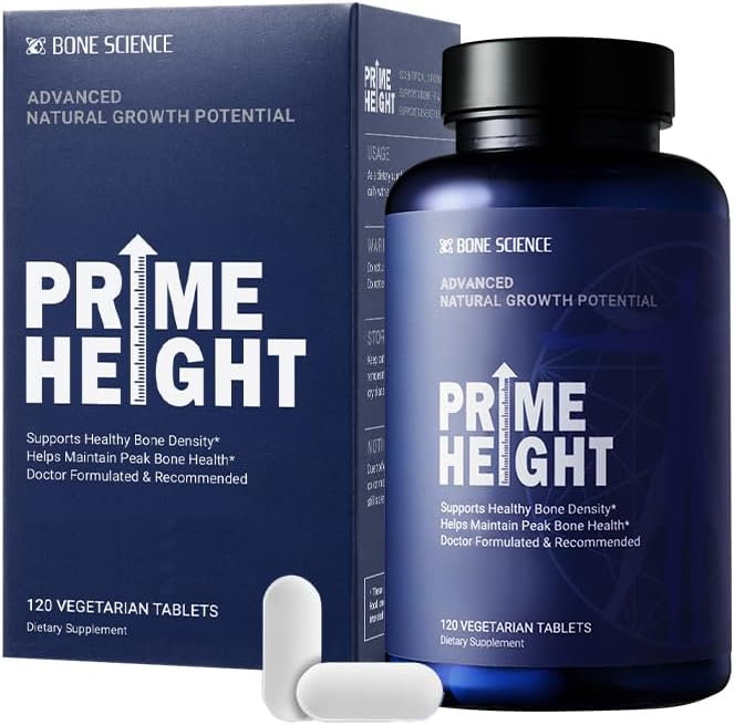 BONE SCIENCE Primeheight Bone &amp Growth Support with Calcium Vitamin D3 K2 Magnesium Zinc - Nutrient-Based Vegan Immune Formula Non-GMO 120 Tablets